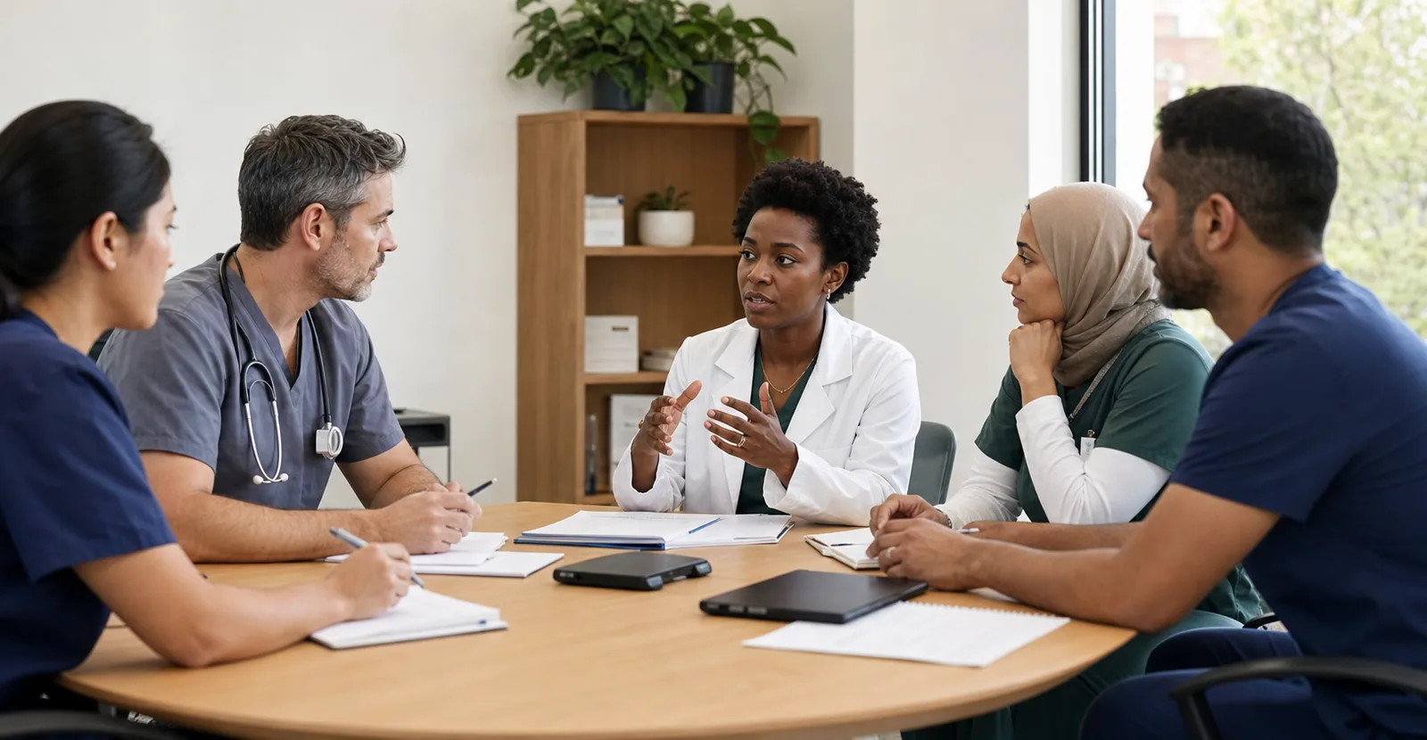 Fictional healthcare colleagues collaborating