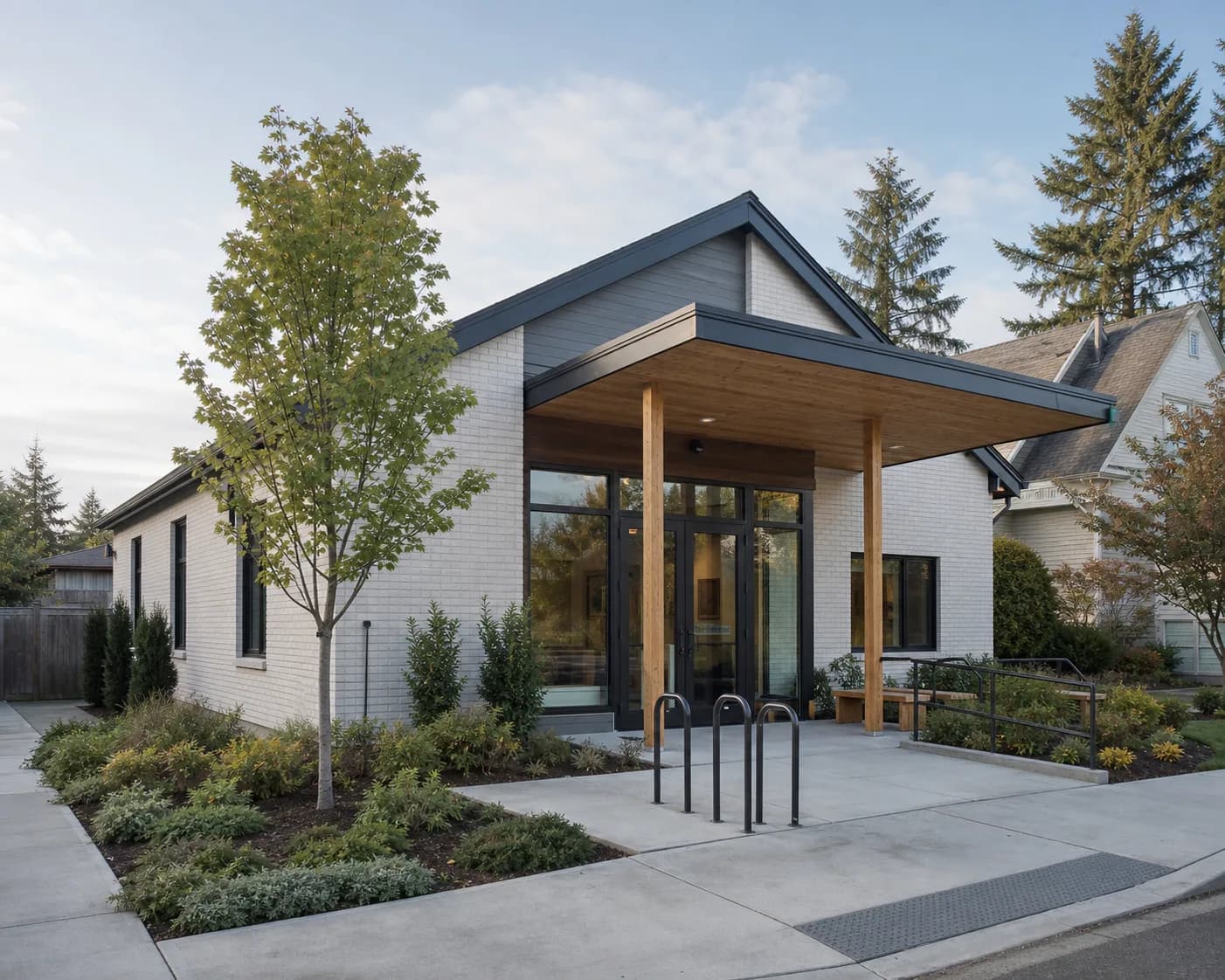 The quiet, landscaped entrance of a fictional Astera Health clinic
